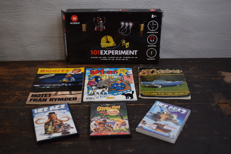 Alga 101 Experiment tidningar 91:an Biggles dvd:er Ice Age Scooby Doo m.m. A212