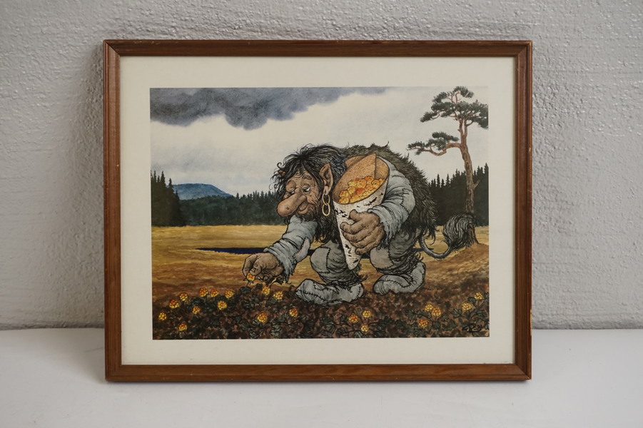 Rolf Lidberg signerat tryck (troll plockar hjortron) 34,5x27,5cm. M53