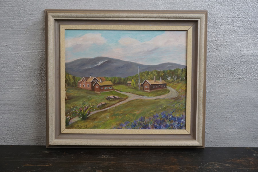 Tavla 56x48 gamla hus med berg i bakgrunden. M70