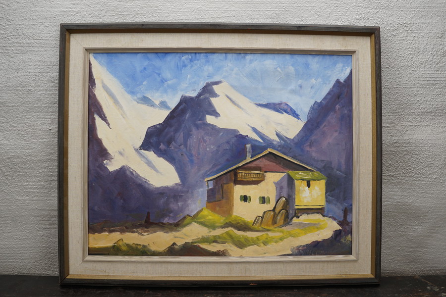 Olja på duk signerad (hus och bergstoppar) 74,5x60,5cm. M13