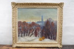Signerad olja på duk (skog utanför stad) 81x72cm. M25/