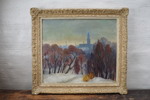 Signerad olja på duk (skog utanför stad) 81x72cm. M25/