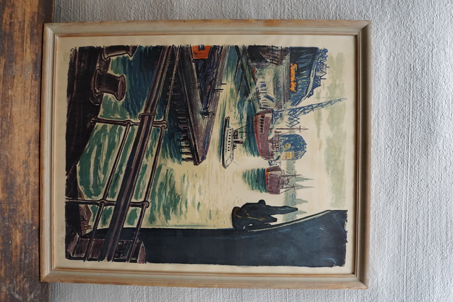 Gustav Alexandersson signerad färglitografi (hamn) 61x76cm. M15/