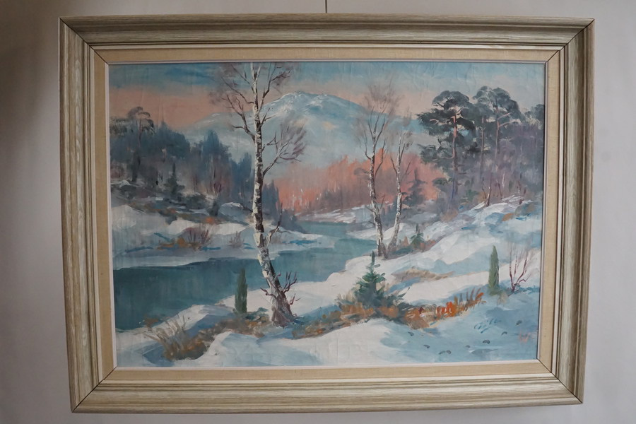 Signerad oljemålning (vinterlandskap med å) 82x61cm. M16