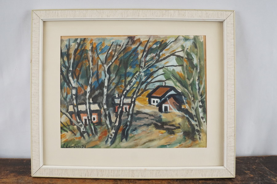 Lars Lundin signerad målning (hus) 46x38cm. M22