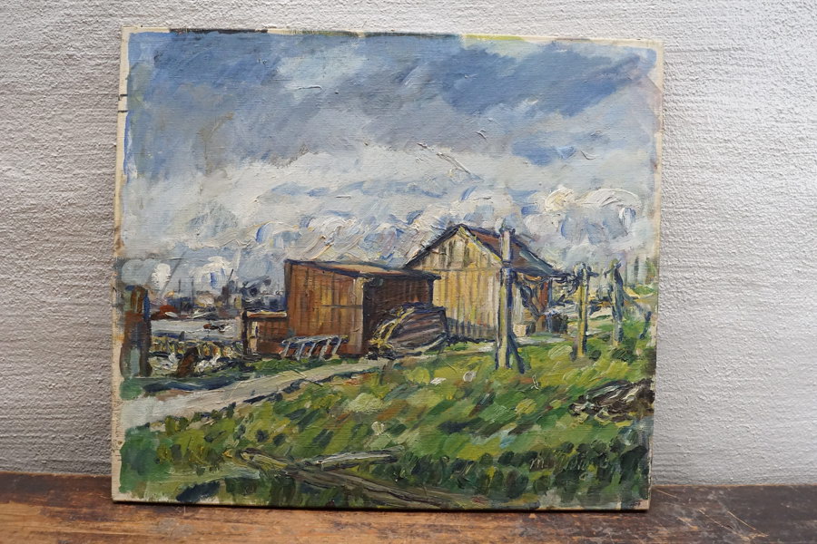 Signerad olja på pannå (gård) 55,5x48,5cm. M19/