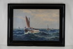 E. Olsen signerad målning på duk (båtar) 99x72cm. M20