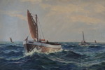 E. Olsen signerad målning på duk (båtar) 99x72cm. M20
