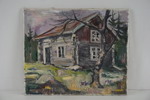 R Persson målning på duk (stuga/hus) 46x38cm. M32