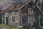 R Persson målning på duk (stuga/hus) 46x38cm. M32
