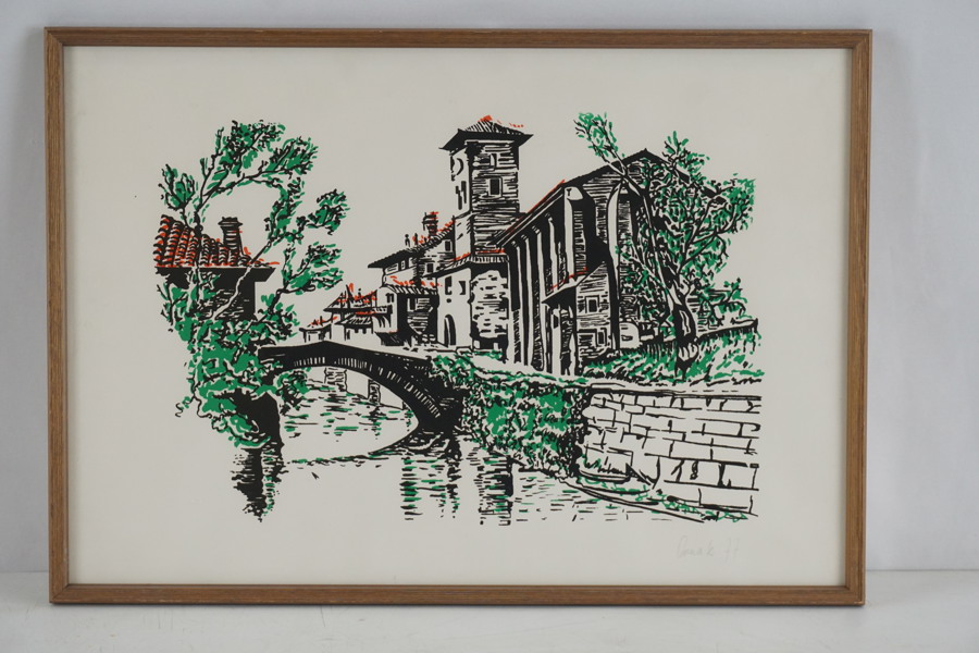Tryck (bro, byggnader) 46x32cm. M56/