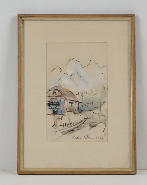 Signerad akvarell (hus berg) 22x29cm. A259