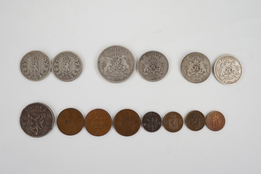 14st Äldre mynt Sverige Norge 1, 2 kronor m.m. A18