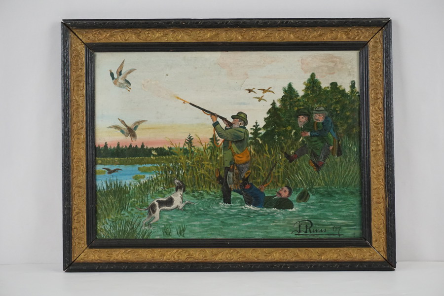Signerad målning på duk (jaktmotiv) 51,5x39,5cm. M1