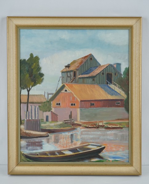 Signerad målning på pannå (båtar) 44,5x53cm. M23