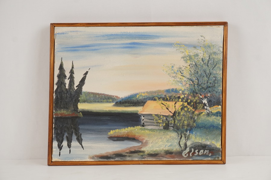Signerad målning på duk (stuga, sjö) 36,5x29,5cm. M25/2
