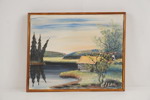 Signerad målning på duk (stuga, sjö) 36,5x29,5cm. M25/2