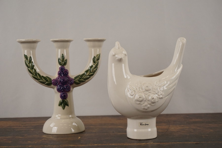 Rosa Ljung ljusstake och fågel. A212