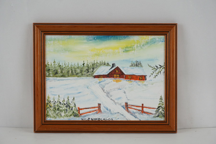 Nils Nikolai signerad målning på pannå (gård) 25x19cm. M43/