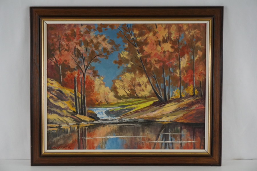 Signerad målning på pannå (skog med vattendrag) 72x60cm. M14/