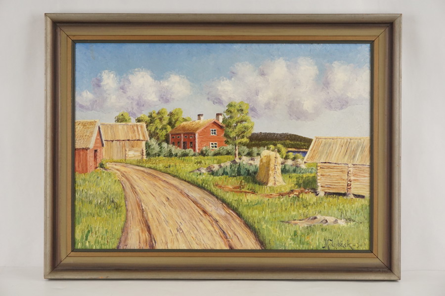 J Holmbäck målning på duk (landskap, gård) 75x56cm. M8