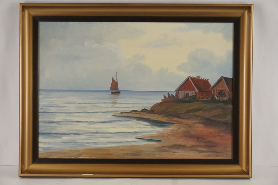 H.W. Möller signerad målning på duk (hav, båt) 79x59cm. M14