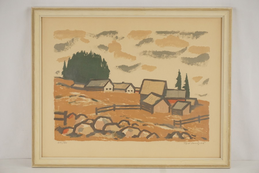 Rolf Sandqvist signerad färglitografi (landskap, gårdar) 63x50cm. M19