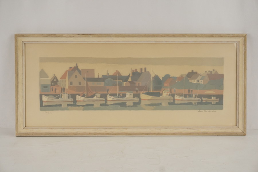 Lars Norman signerad färglitografi (småbåtshamn) 77x39cm. M29
