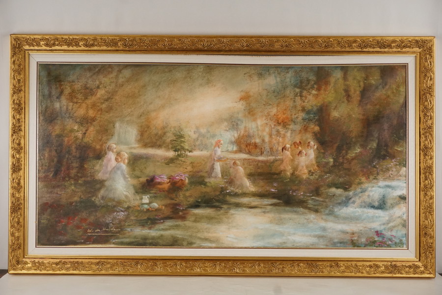 Walter du Halde signerad målning på duk (figurer vid vattendrag) 138x78cm. M30