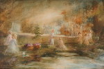 Walter du Halde signerad målning på duk (figurer vid vattendrag) 138x78cm. M30