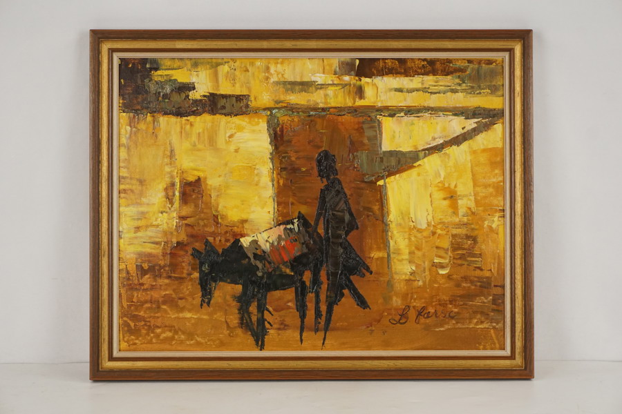 Signerad målning (person leder djur) 48x38cm. M33/