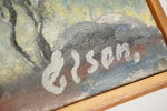 Signerad målning på duk (stuga, sjö) 36,5x29,5cm. M25/2/