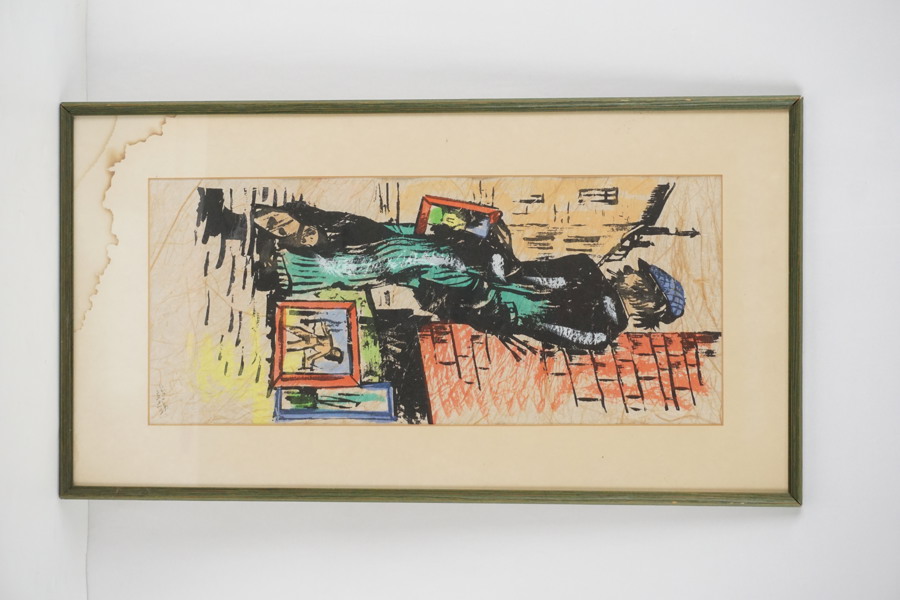 Signerad målning (man vid gatuhörn) 29,5x54,5cm. M2/