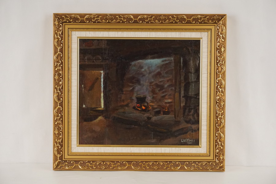 Lilli Tirén olja på duk (kök/eldstad med kittel) 51x47cm. M51