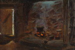 Lilli Tirén olja på duk (kök/eldstad med kittel) 51x47cm. M51