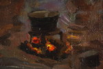 Lilli Tirén olja på duk (kök/eldstad med kittel) 51x47cm. M51