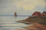 H.W. Möller signerad målning på duk (hav, båt) 79x59cm. M14/