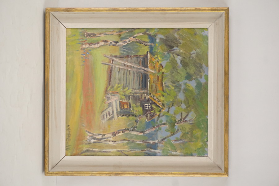 Hampe -46 målning timmerstuga 46x50cm. M23/