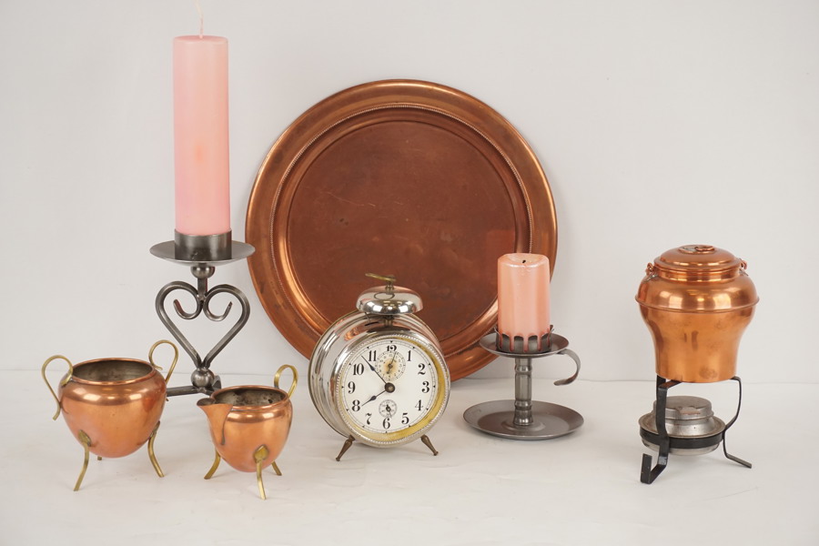 Kopparbricka, väckarklocka mm. D48/