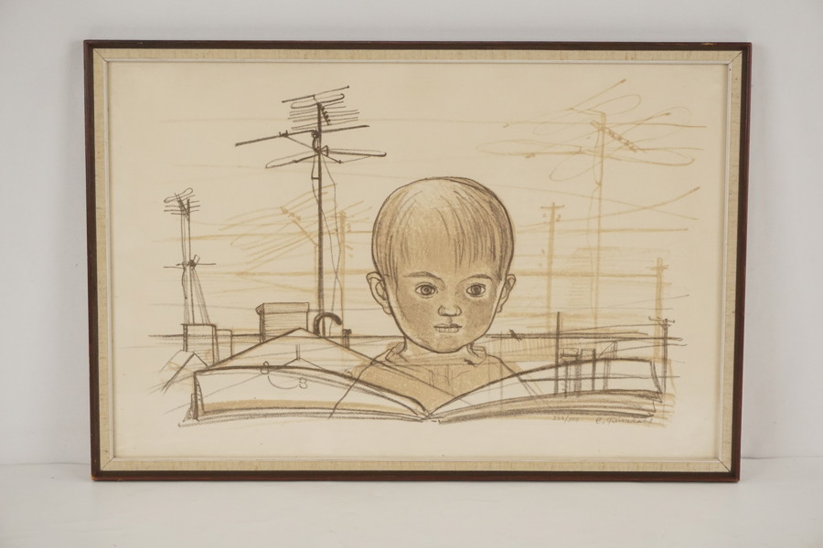 Cecilia Frisendahl litografi, motiv barn. M16/