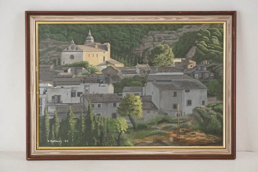 B. Mattsson 89 tavla, vy över en by, 50x35cm. M7