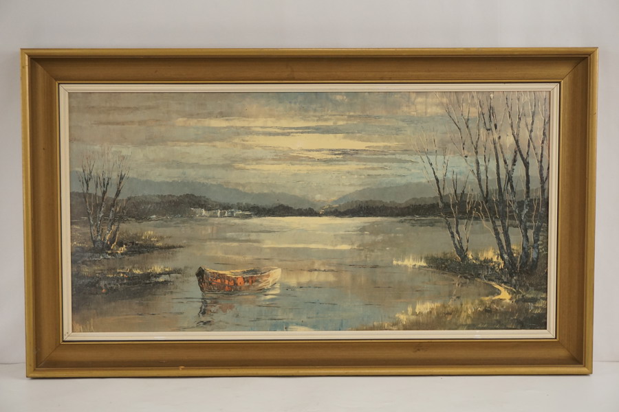 Tavla, båt på sjön, 90x52cm. M16