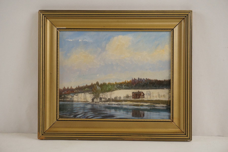 Tavla, Stuga vid sjön, tryck 39x33cm. M23/