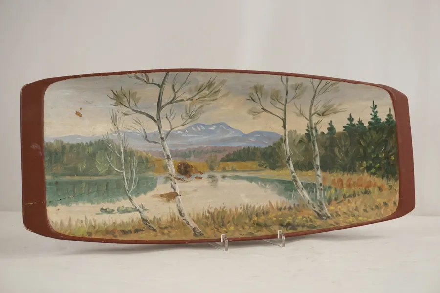 Björkar vid en älv målat tråg 61,5x25. M16