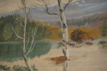 Björkar vid en älv målat tråg 61,5x25. M16