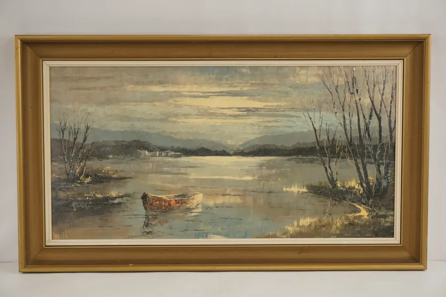 Tavla, båt på sjön, 90x52cm. M16/