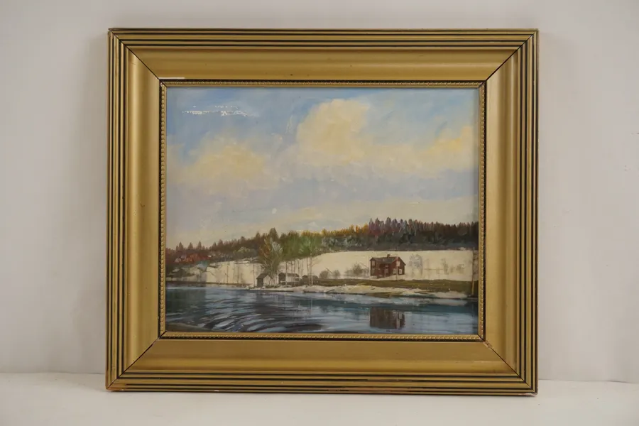 Tavla, Stuga vid sjön, tryck 39x33cm. M23/