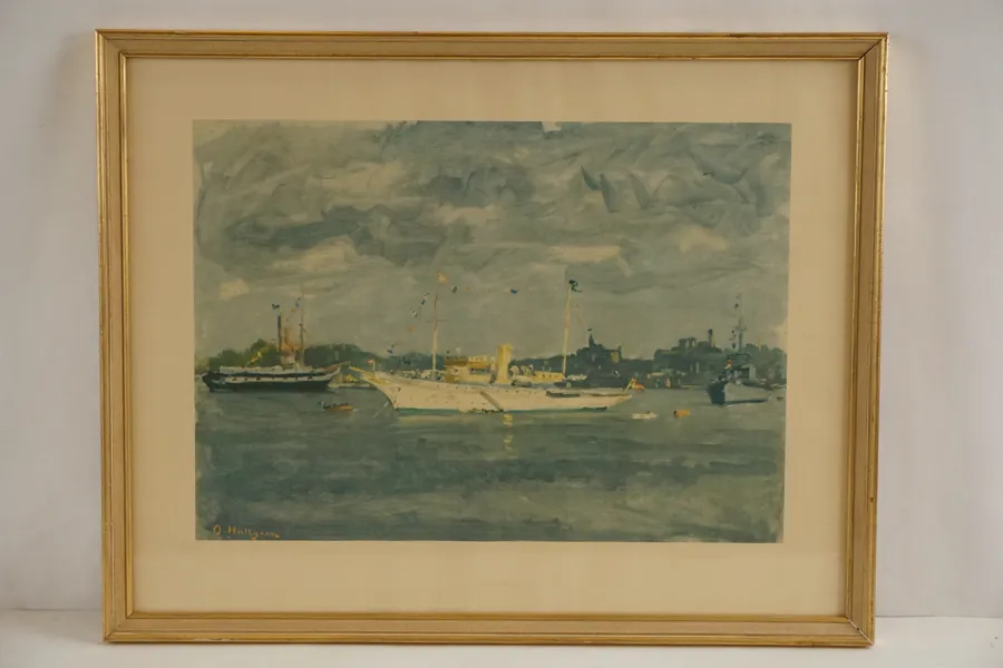Tryck, vit båt, 57x45cm. M31/