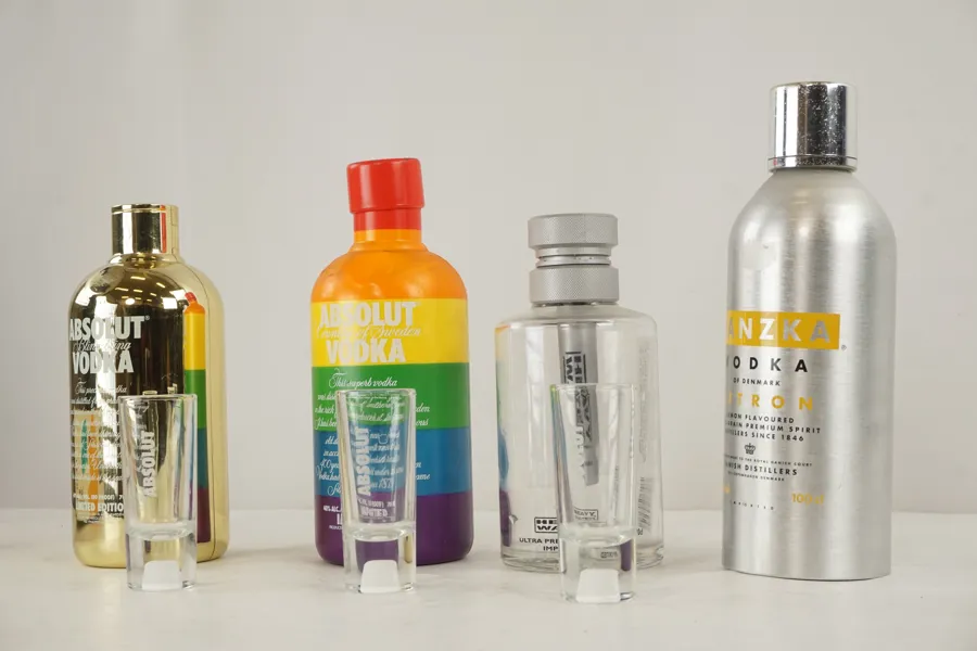 Absolut Vodka flaskor & glas mm. A43/