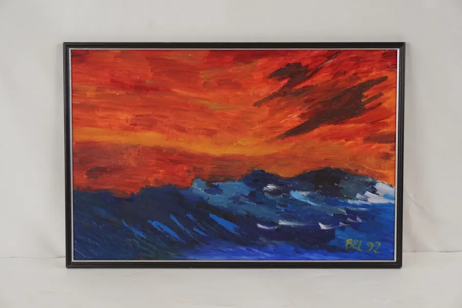 Bel, Blå sjö röd himmel, målning, 59x39. M33